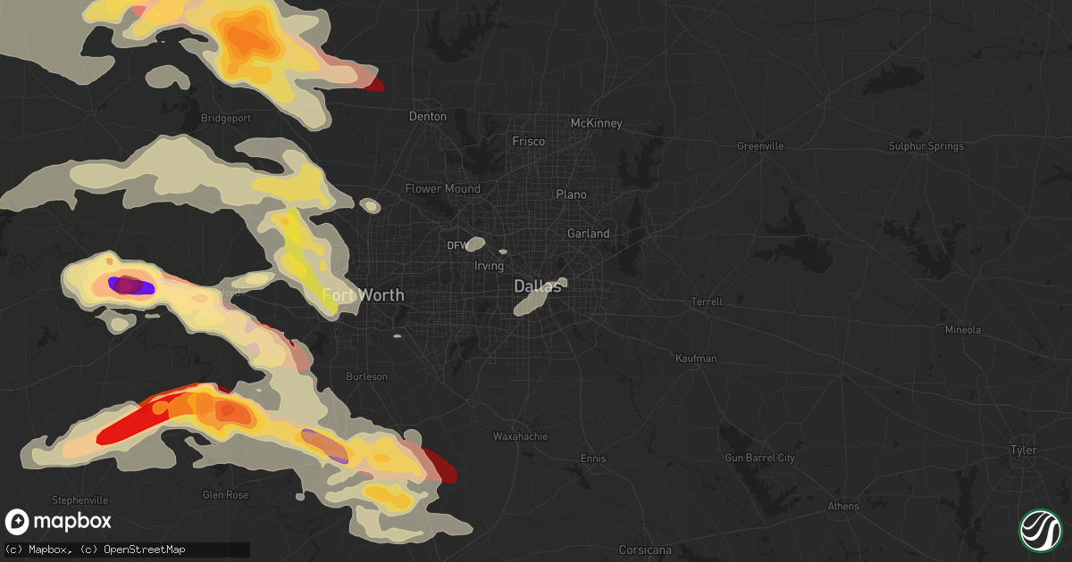 Hail map in Dallas, TX on May 15, 2013