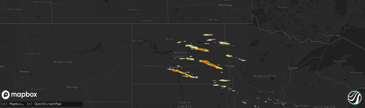 Hail map in North Dakota on May 15, 2019