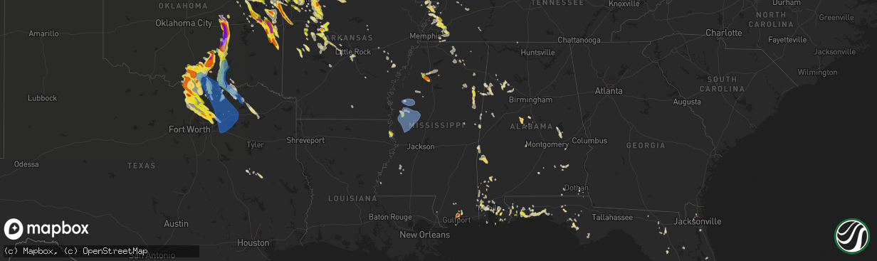 Hail map in Mississippi on May 15, 2022