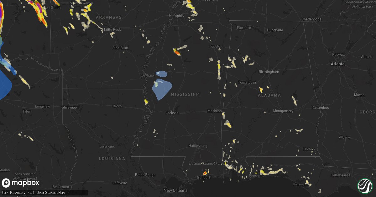 Hail map in Mississippi on May 15, 2022