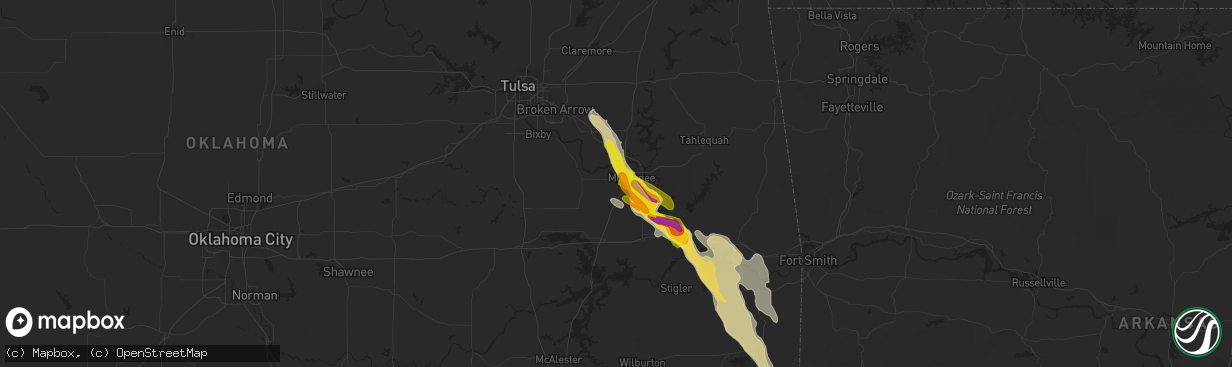 Hail map in Muskogee, OK on May 15, 2022