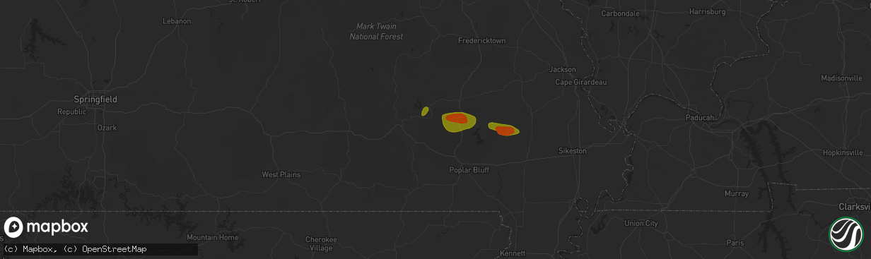 Hail map in Mill Spring, MO on May 15, 2023