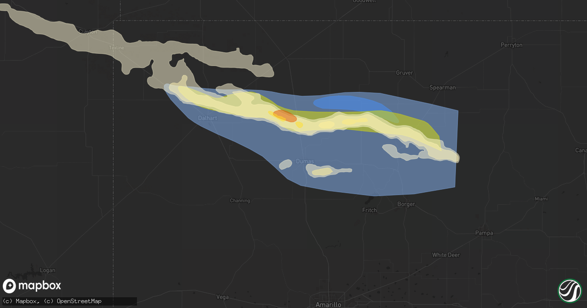 Hail map in Dumas, TX on May 15, 2024