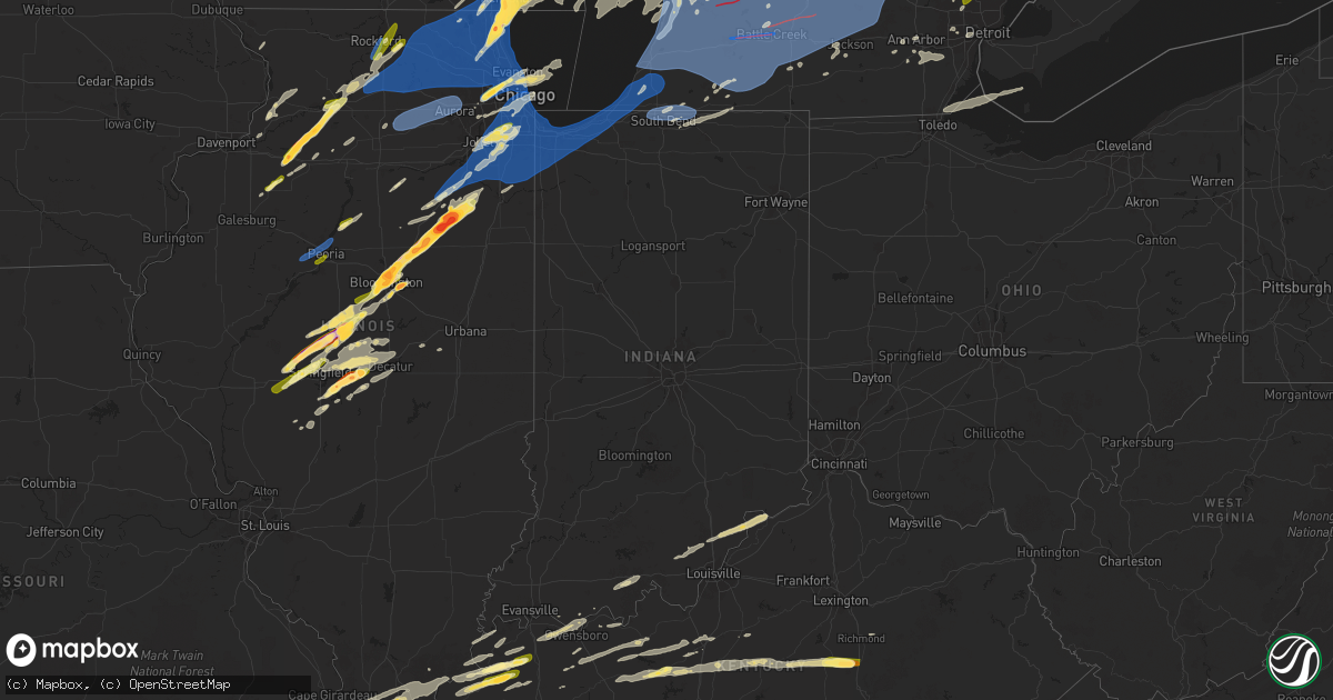 Hail map in Indiana on May 15, 2025