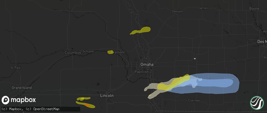 Hail map in Bennington, NE on May 15, 2026