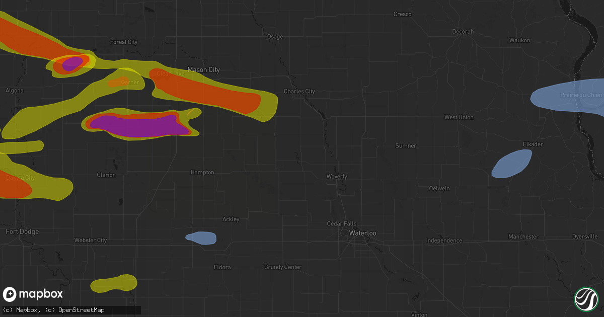 Hail map in Clarksville, IA on May 15, 2026