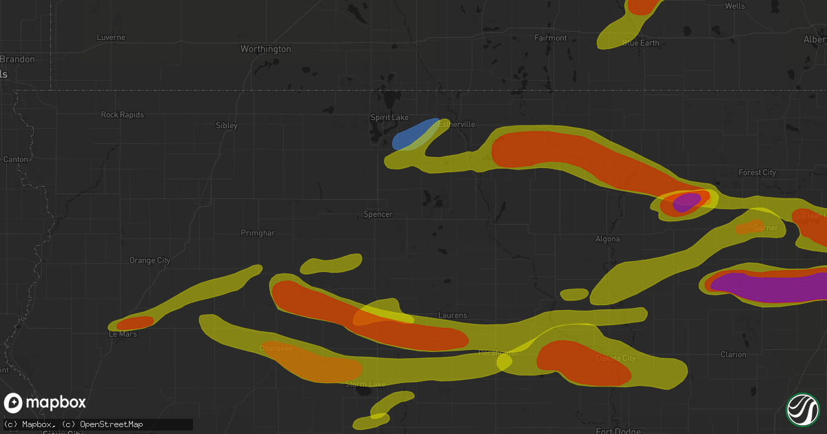 Hail map in Dickens, IA on May 15, 2026