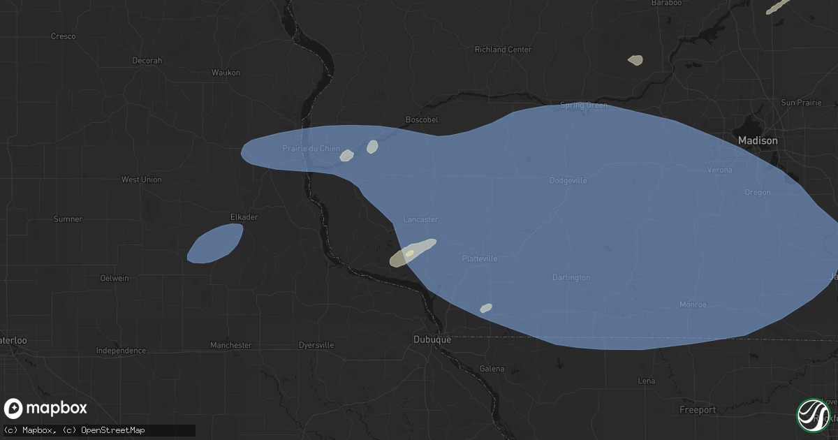 Hail map in Lancaster, WI on May 15, 2026