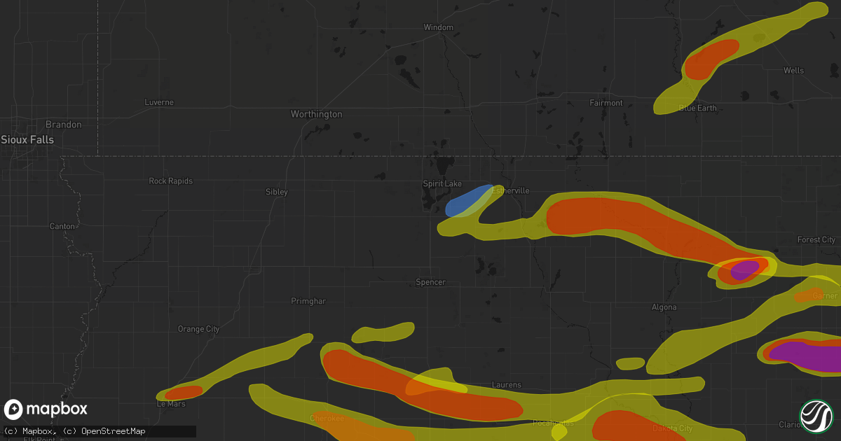 Hail map in Milford, IA on May 15, 2026