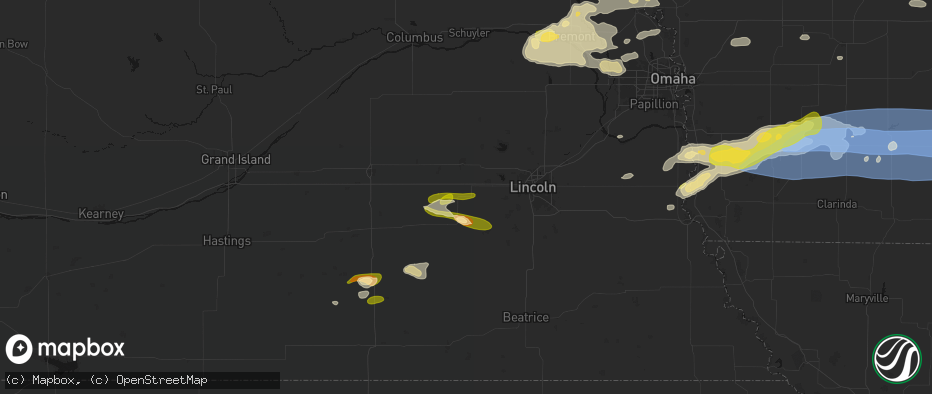 Hail map in Milford, NE on May 15, 2026
