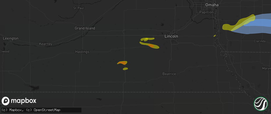 Hail map in Milligan, NE on May 15, 2026
