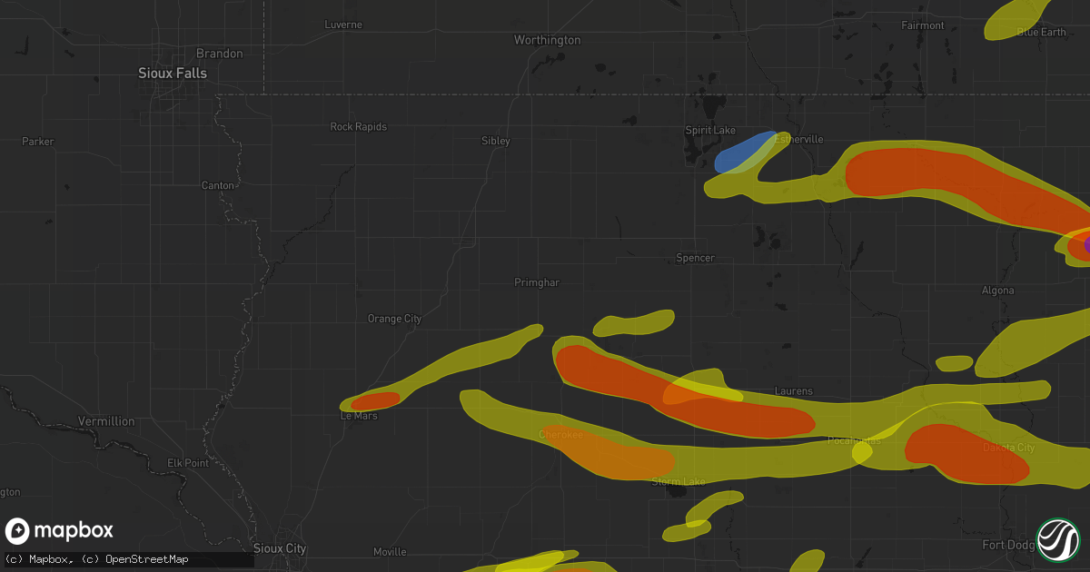 Hail map in Primghar, IA on May 15, 2026