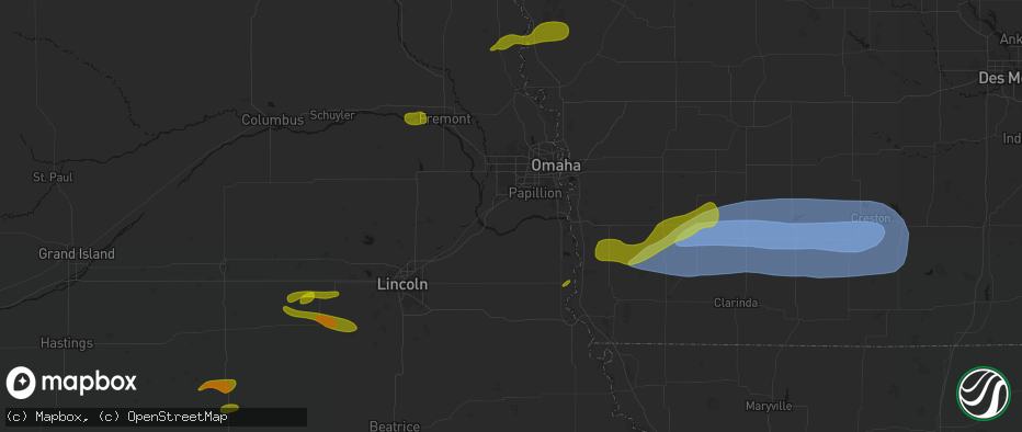 Hail map in Springfield, NE on May 15, 2026