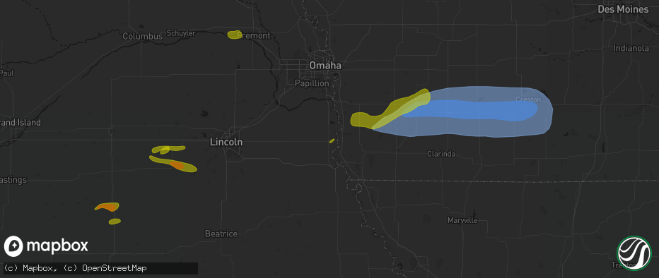 Hail map in Union, NE on May 15, 2026