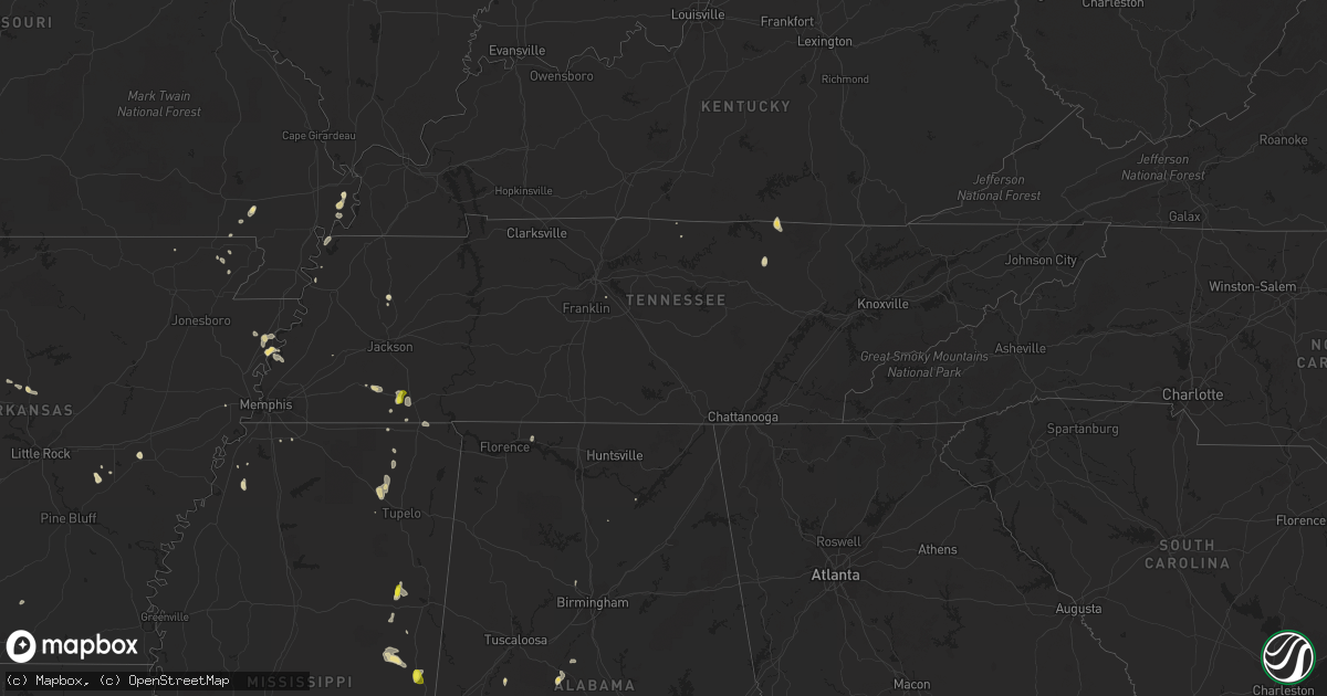 Hail map in Tennessee on May 16, 2018