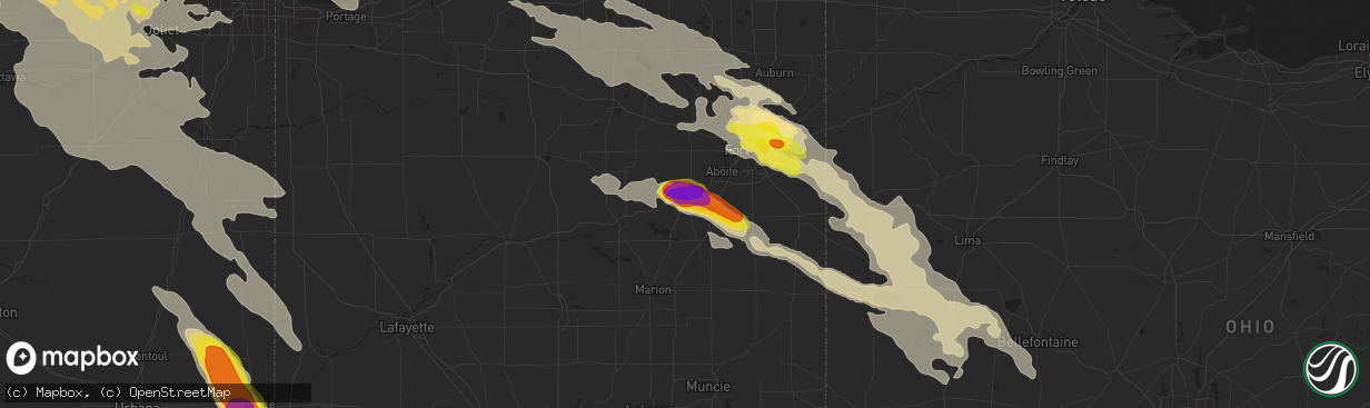 Hail map in Huntington, IN on May 16, 2019