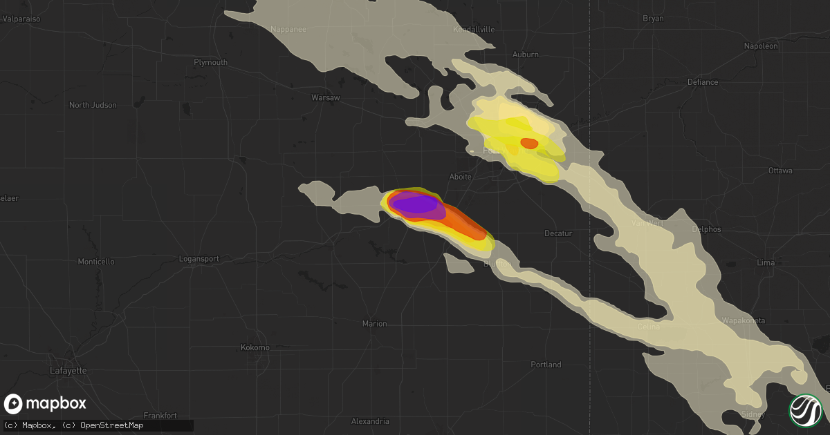 Hail map in Huntington, IN on May 16, 2019
