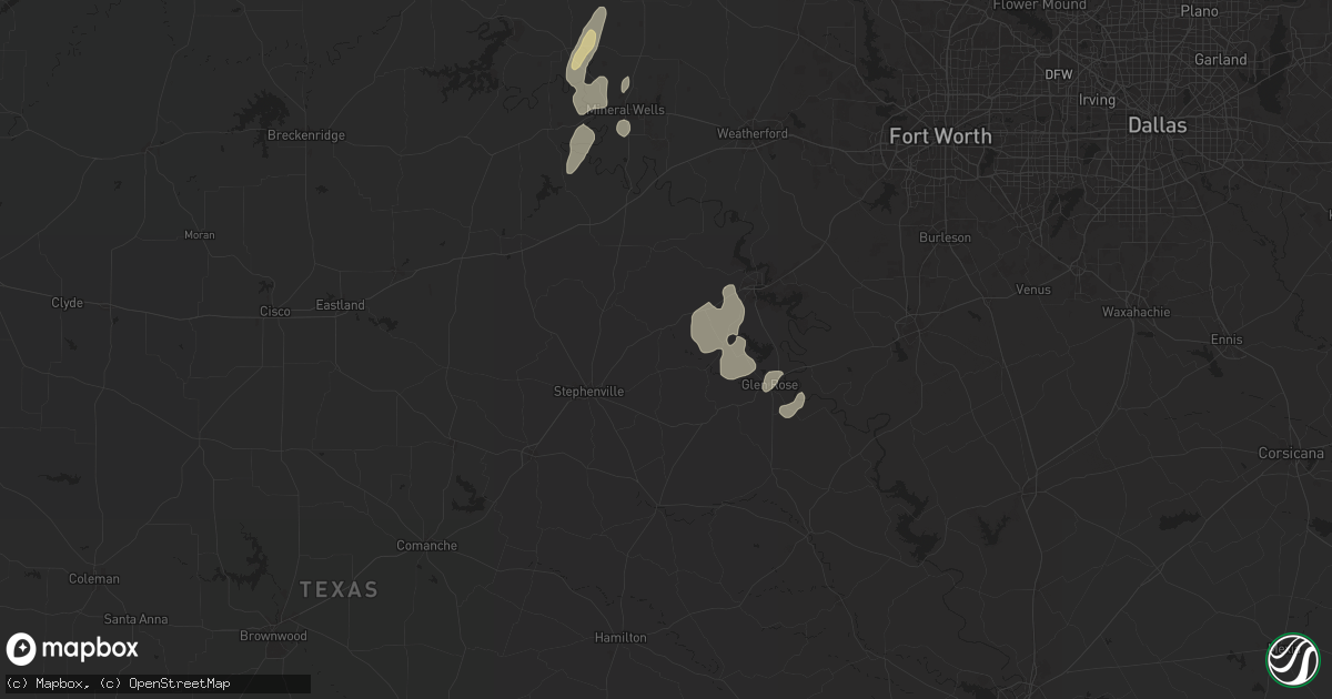 Hail map in Bluff Dale, TX on May 16, 2024