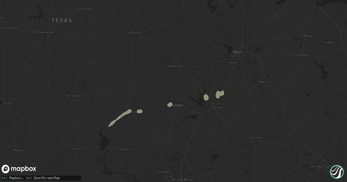Hail map in Fort Hood, TX on May 16, 2024