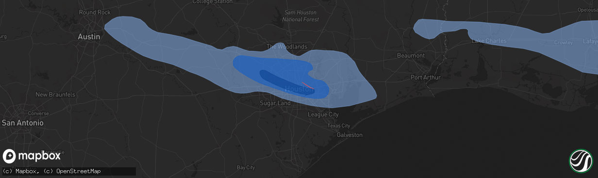 Hail map in Houston, TX on May 16, 2024