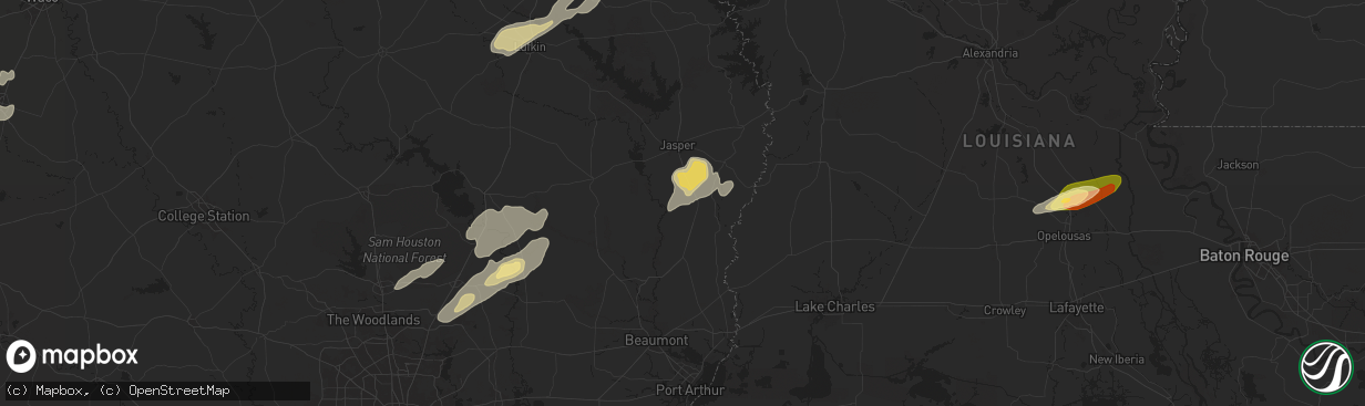 Hail map in Kirbyville, TX on May 16, 2024