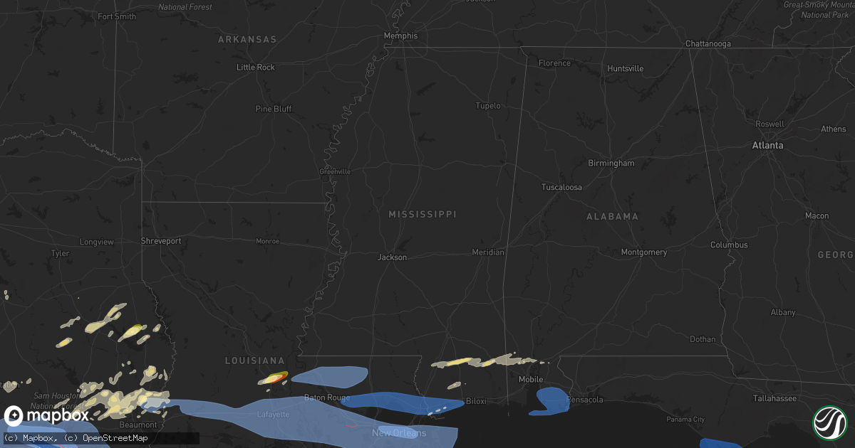 Hail map in Mississippi on May 16, 2024