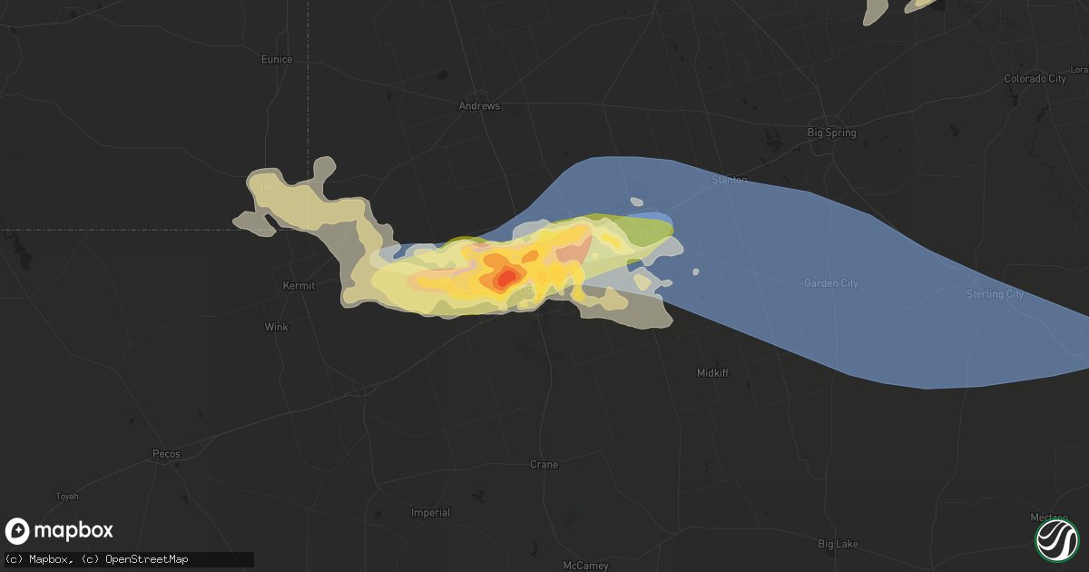 Hail map in Odessa, TX on May 16, 2024