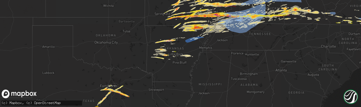 Hail map in Arkansas on May 16, 2025