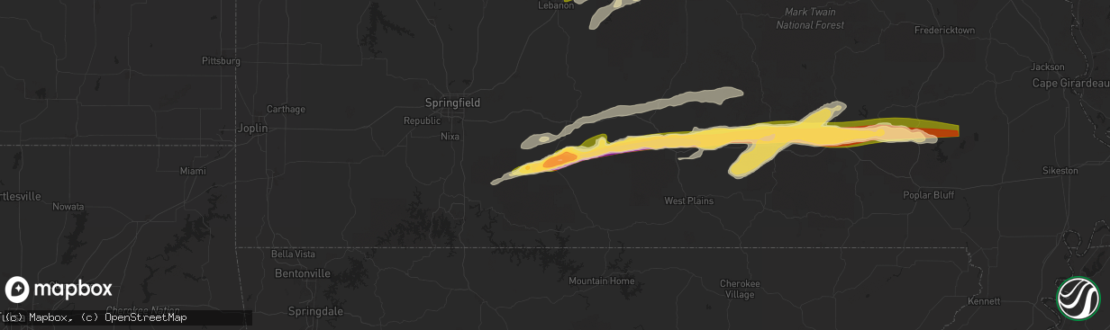 Hail map in Ava, MO on May 16, 2025