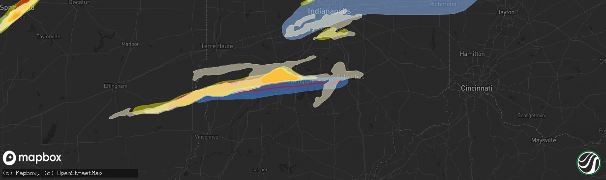 Hail map in Bloomington, IN on May 16, 2025