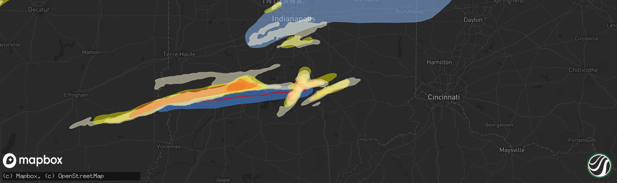 Hail map in Columbus, IN on May 16, 2025