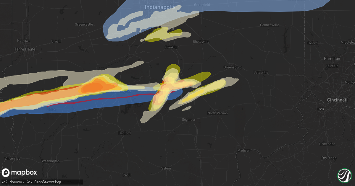 Hail map in Columbus, IN on May 16, 2025