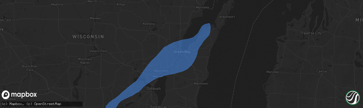 Hail map in Green Bay, WI on May 16, 2025