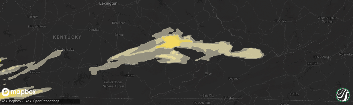 Hail map in Hazard, KY on May 16, 2025