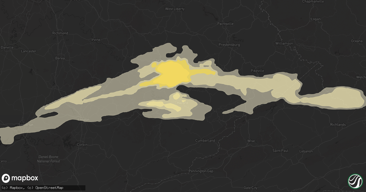 Hail map in Hazard, KY on May 16, 2025