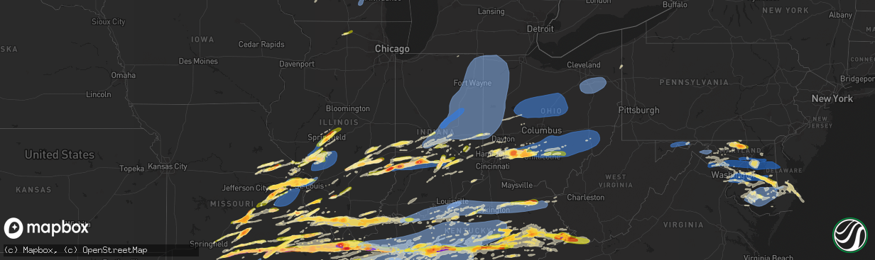 Hail map in Indiana on May 16, 2025