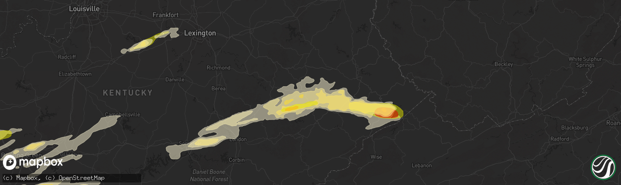 Hail map in Jackson, KY on May 16, 2025