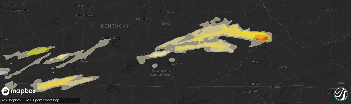 Hail map in London, KY on May 16, 2025
