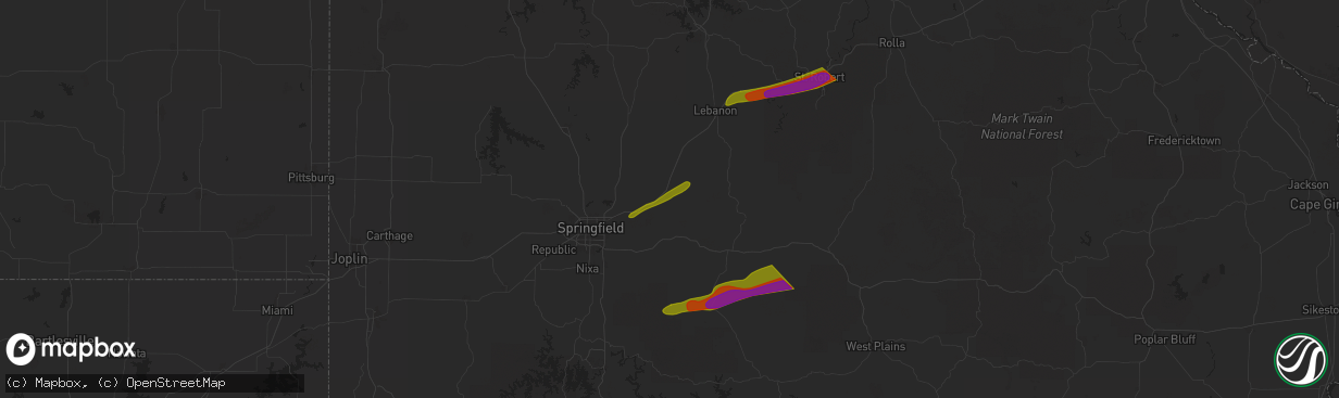 Hail map in Marshfield, MO on May 16, 2025