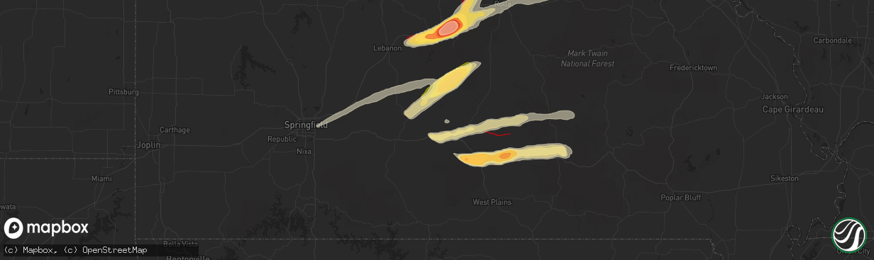Hail map in Mountain Grove, MO on May 16, 2025