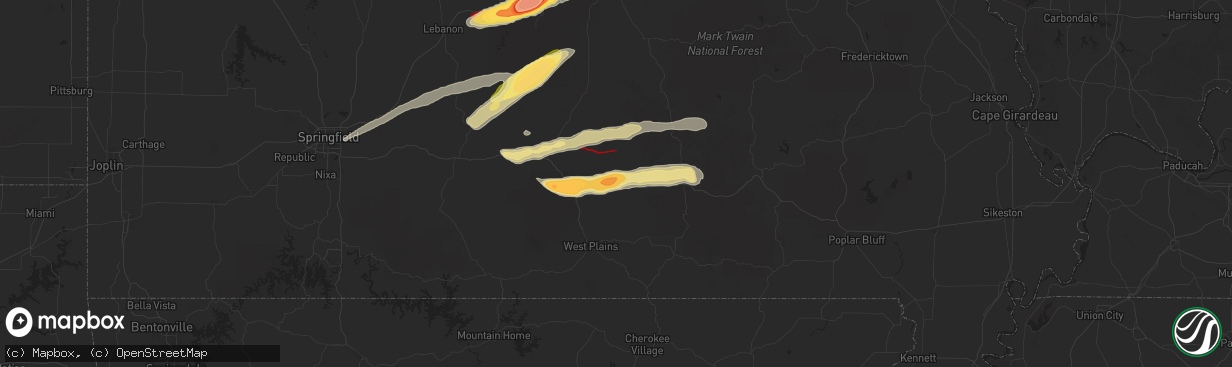 Hail map in Mountain View, MO on May 16, 2025
