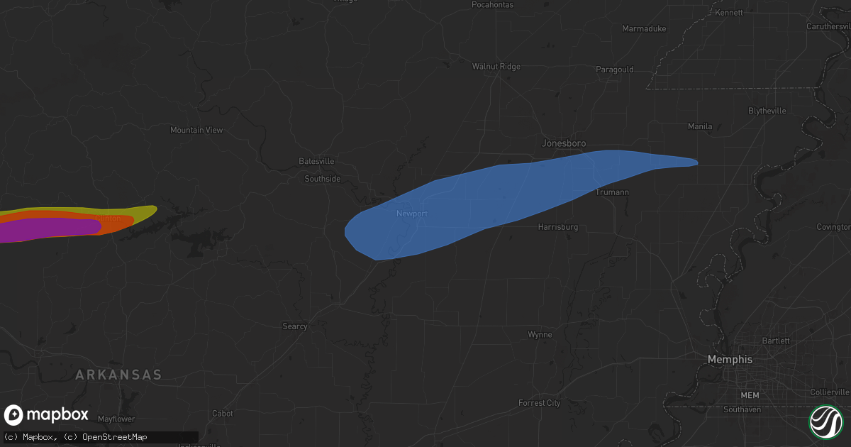 Hail map in Newport, AR on May 16, 2025