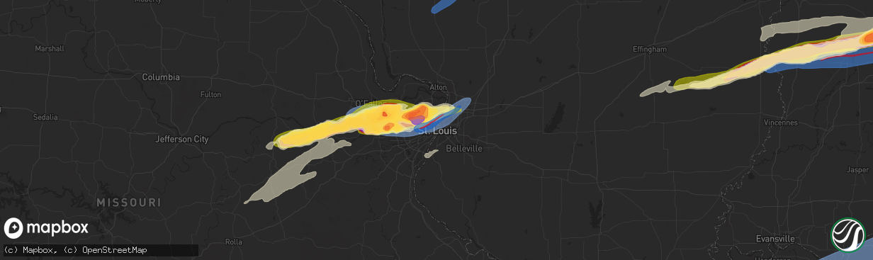 Hail map in Saint Louis, MO on May 16, 2025