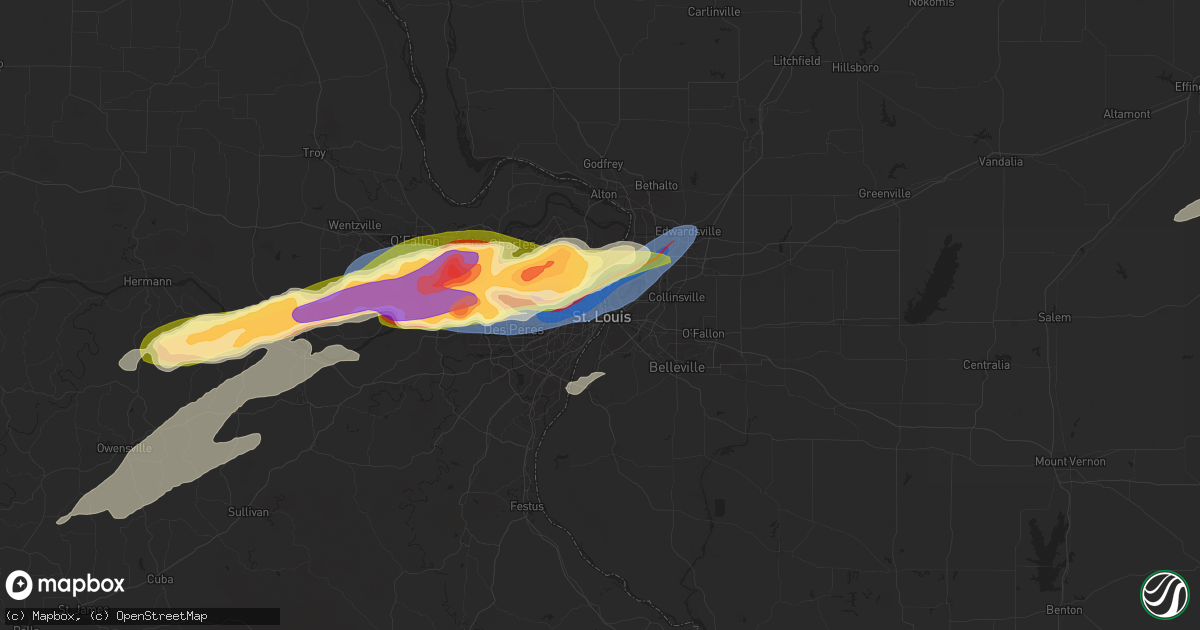 Hail map in Saint Louis, MO on May 16, 2025