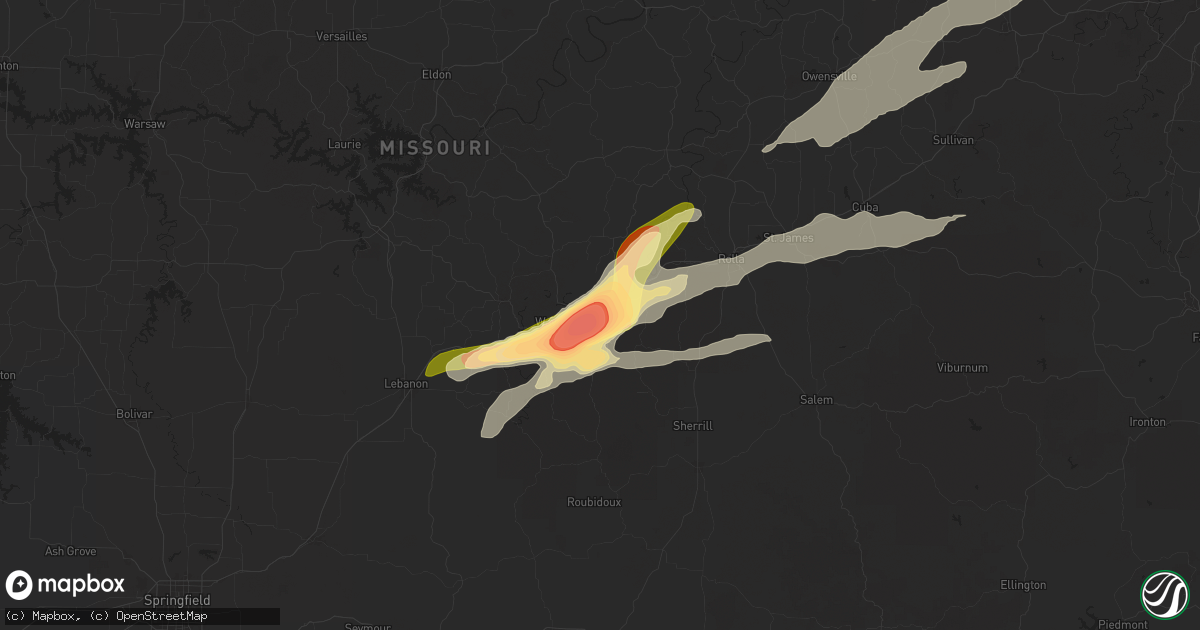 Hail map in Saint Robert, MO on May 16, 2025