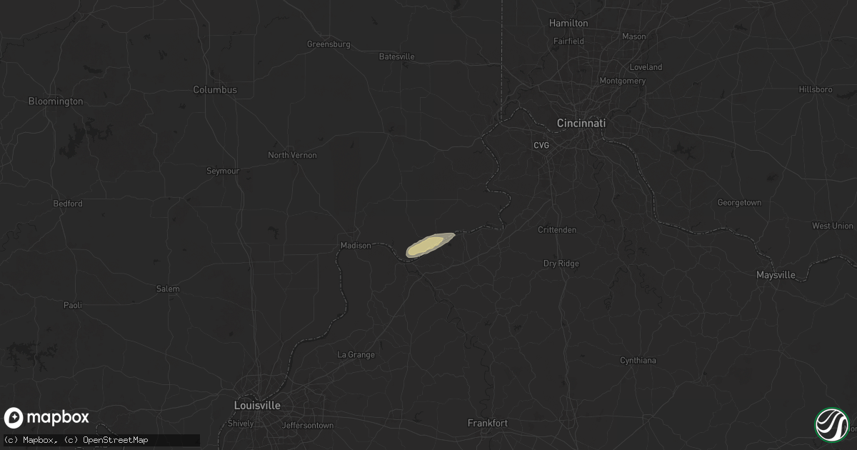Hail map in Vevay, IN on May 16, 2025