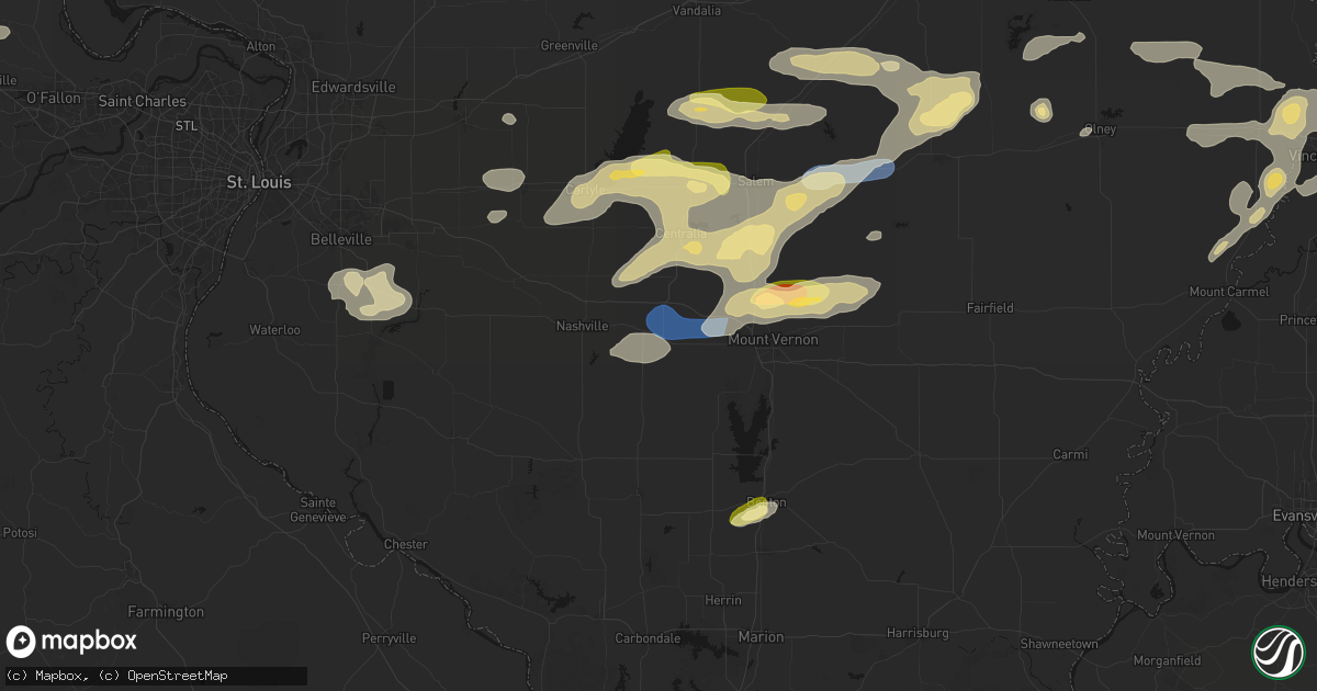 Hail map in Ashley, IL on May 16, 2026