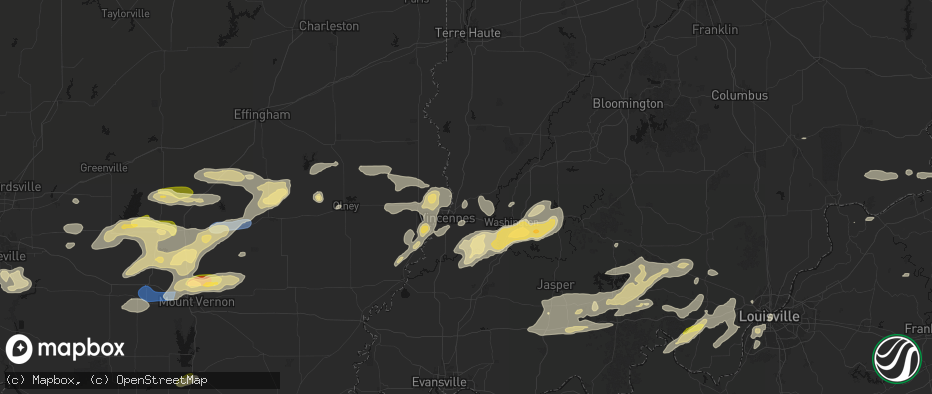 Hail map in Bruceville, IN on May 16, 2026