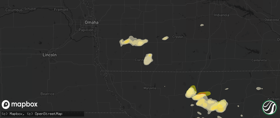Hail map in Clarinda, IA on May 16, 2026