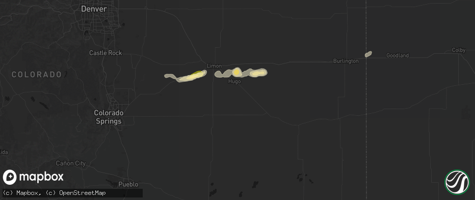 Hail map in Hugo, CO on May 16, 2026